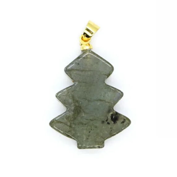 HOOUN 1x Natural Christmas Tree Pendant Crystal Chakra Stone Quartz Necklace Xmas Gift-Larvikite Labradorite-Gold
