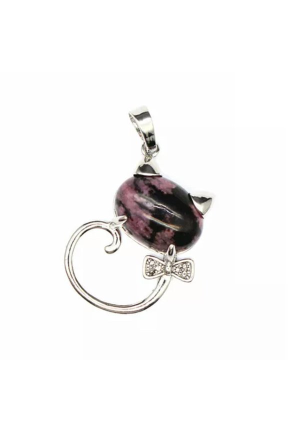 1x Natural Crystal Bowknot Cat Pendant Chakra Quartz Gemstone Reiki Healing Gift-Rhodochrosite-1PC (Random Pick)