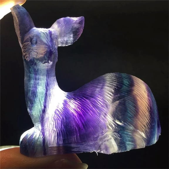 HOOUN 2" Hand Carved Rainbow Fluorite Deer Natural Stone Quartz Crystal Skull Healing