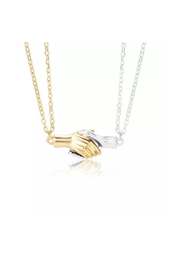 2 Pcs Magnet Broken Heart Best Friend Hold Hand Couple Friendship Necklace Gift-Gold + Silver