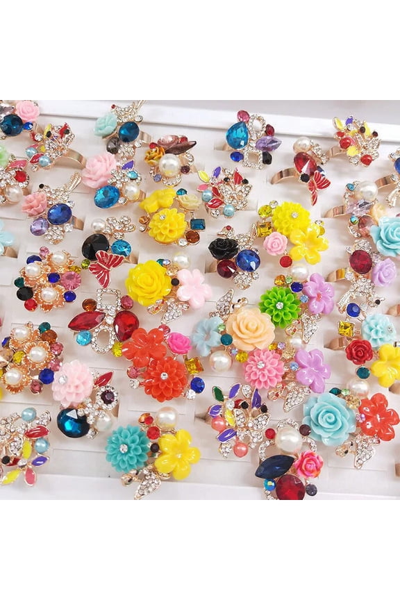 20PCS Gold Colour Stones Big Front Flower Women Finger Medium Adjustable Ring