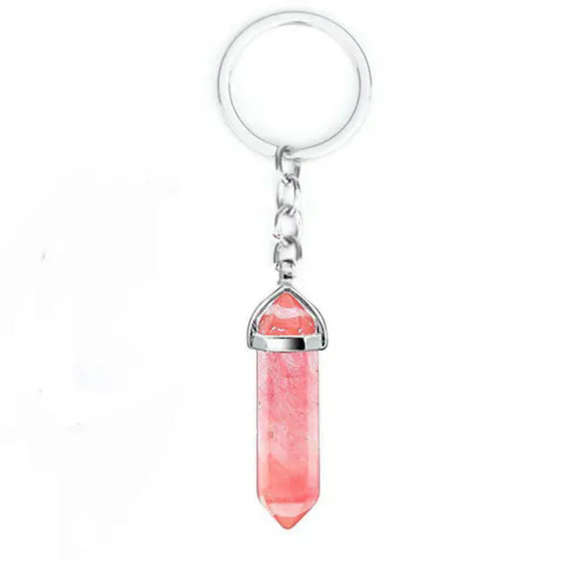 HOOUN 20PCS Hexagonal Pointed Stone Gem Crystal Keychain Key Ring Natural Healing-Cherry Quartz