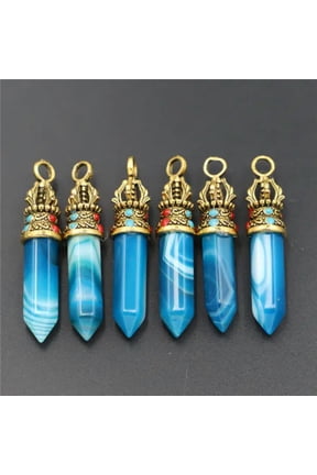20pcs Natural Blue Agate Stone Hexagonal Column Healing Point Cut Reiki Pendant
