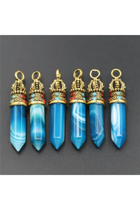 20pcs Natural Blue Agate Stone Hexagonal Column Healing Point Cut Reiki Pendant