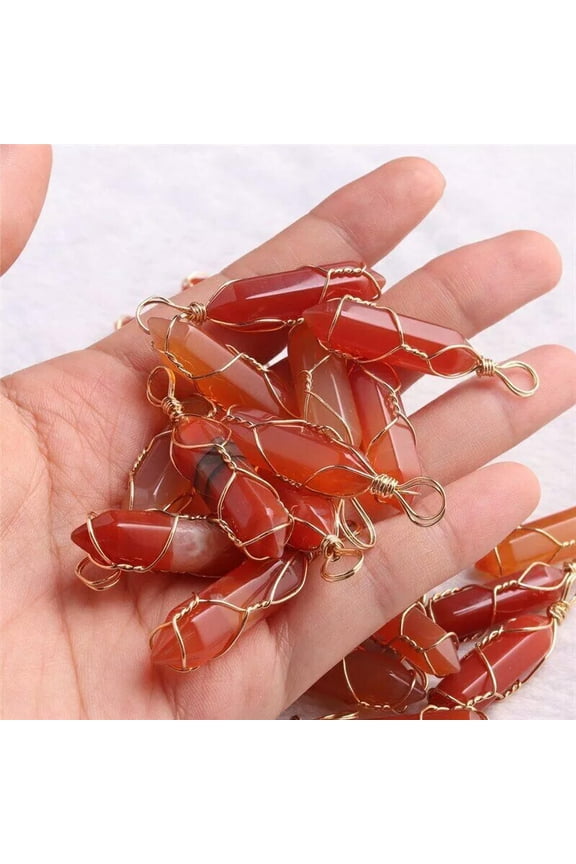 20pcs Wholesale Natural Red Agate Pillar Handmade Golden Iron Wire Pendants