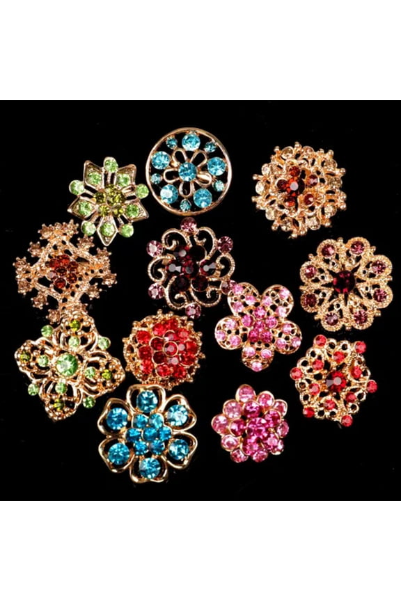 24pc Brooch Lot Mixed Alloy Rhinestone Pearl Pin Wedding Crystal Bouquet DIY Kit-12Pcs Color-S