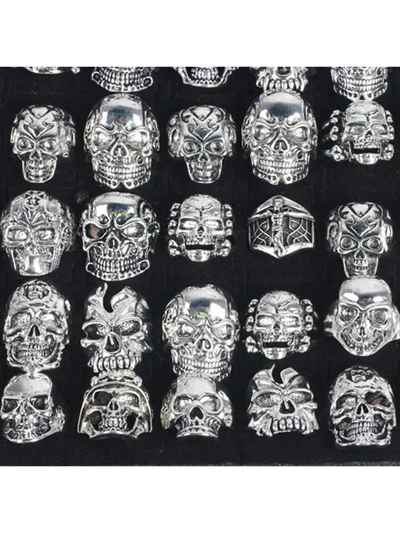 25pcs Wholesale Lots Gothic Punk Skull Antique Silver Rings Mixed Style Jewelry