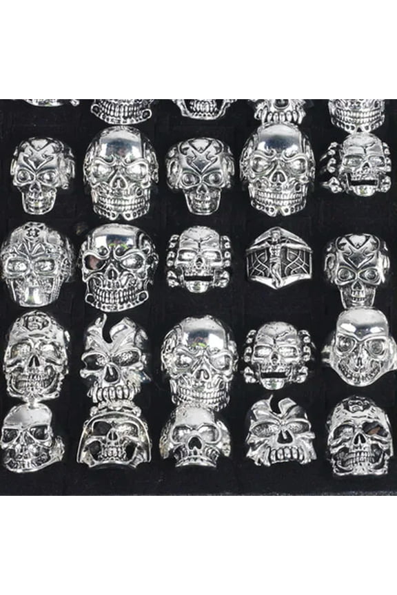 25pcs Wholesale Lots Gothic Punk Skull Antique Silver Rings Mixed Style Jewelry