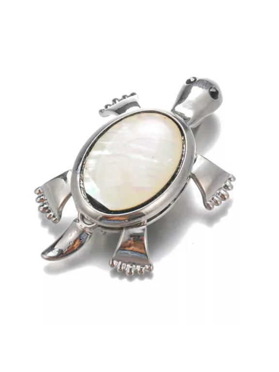 2IN1 Gemstone Healing Crystal Tortoise Design Brooch Stone Pendant Necklace -white shell