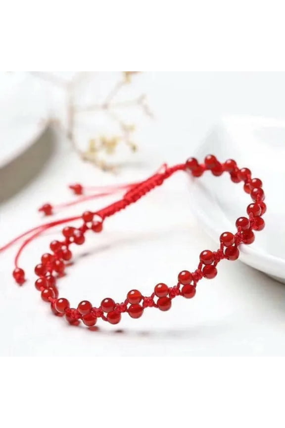 2PCS Lucky Natural Red Agate Garnet Bead Handmade String Cord Braided Anklet-Red Agate