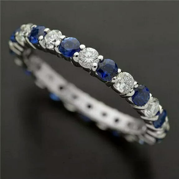 HOOUN 2Pcs/Set Classic Silver Plated Ring Green Blue Ring for Women Wedding Jewlery-Aquamarine#1-7