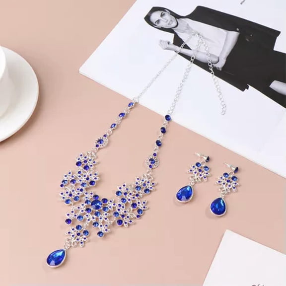HOOUN 2Pcs Wedding Party Necklace Earring Set Flower Water Drop Necklace Jewelry Set-_-Dark blue
