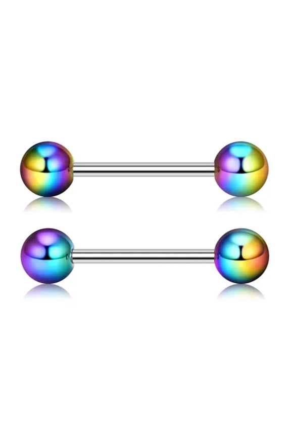 2pcs Colorful Ball Tongue Rings 316L Stainless Steel Barbell Nipple Ring-Rainbow