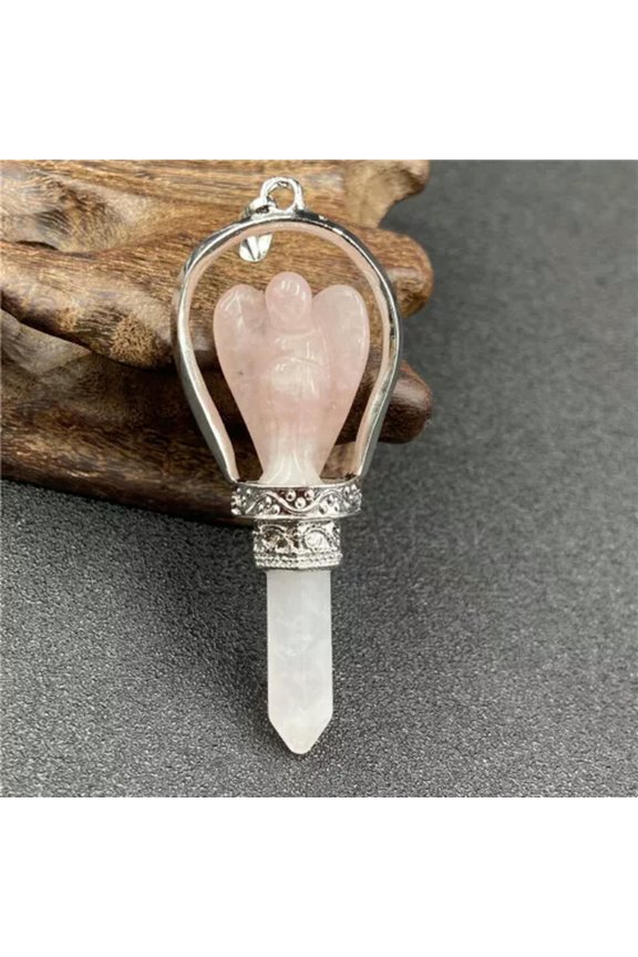 2pcs Jade Crystal Stone Hexagon Point Angel Wings Pendant Prism Amulet Necklace-Rose Quartz