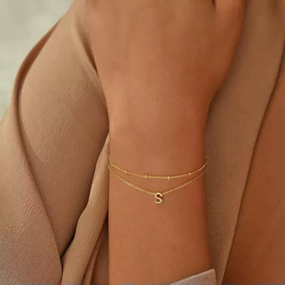 HOOUN 2pcs/Set Gold Stainless Steel 26 Initial Letters Chain Link Bracelets Adjustable-letter S