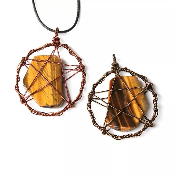 HOOUN 2pcs Tiger Eye Stone Irregular Healing Life Tree Wire Wrapped Pendant