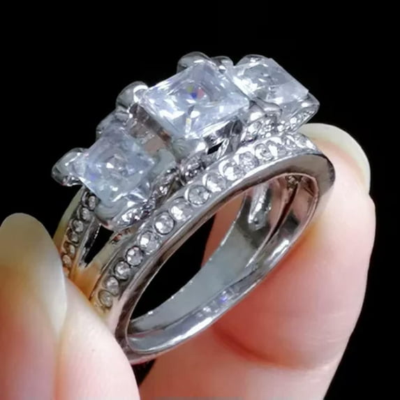 HOOUN 2pcs/set 925 Silver Rings Women Couple Engagement Wedding Cubic Zirconia Jewelry-01#-6