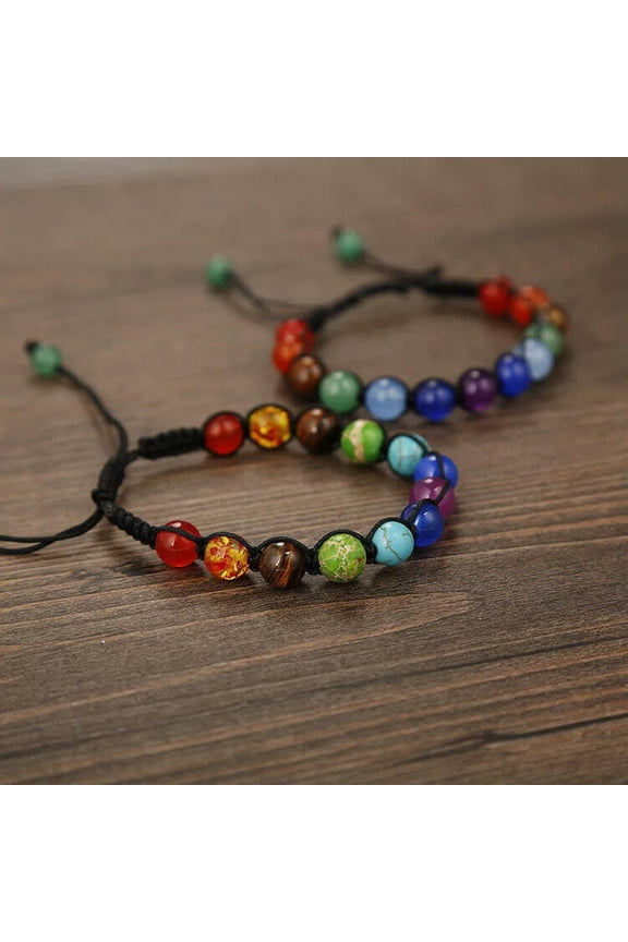 2x 7 Chakras Beaded Stone Braided Woven String Knot Chain Wrist Band Bangle Cuff