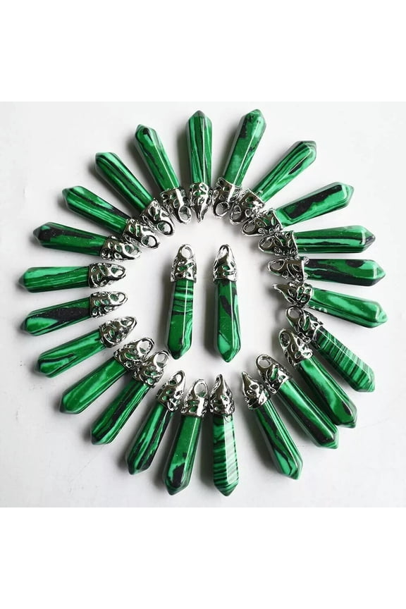 30pcs Green Malachite Stone Hexagonal Pillar Pendant Bead for Jewelry 10x32mm