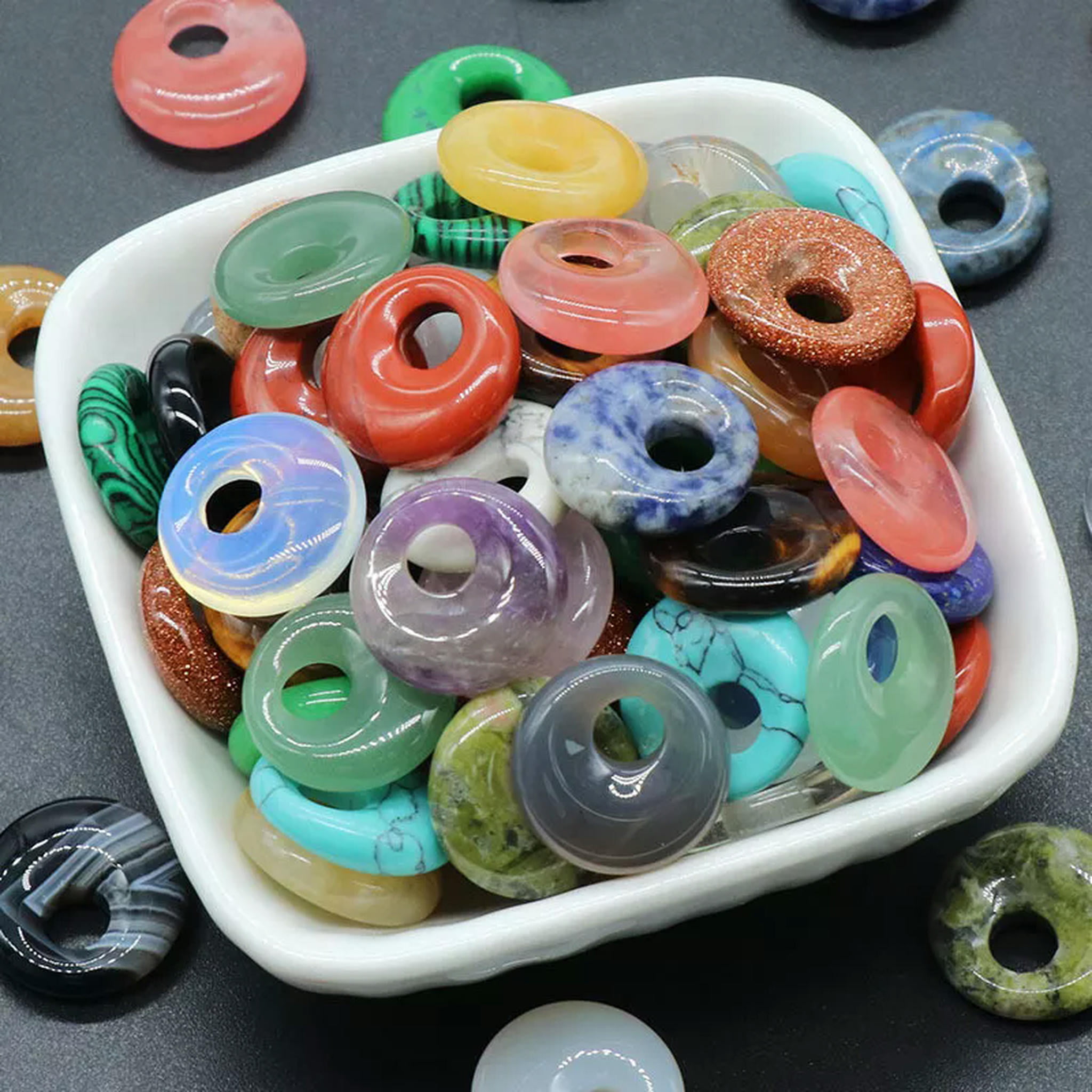 HOOUN 30pcs Mix Stone Natural Ping An Safety Buckle Deviation Round Bead Big Hole