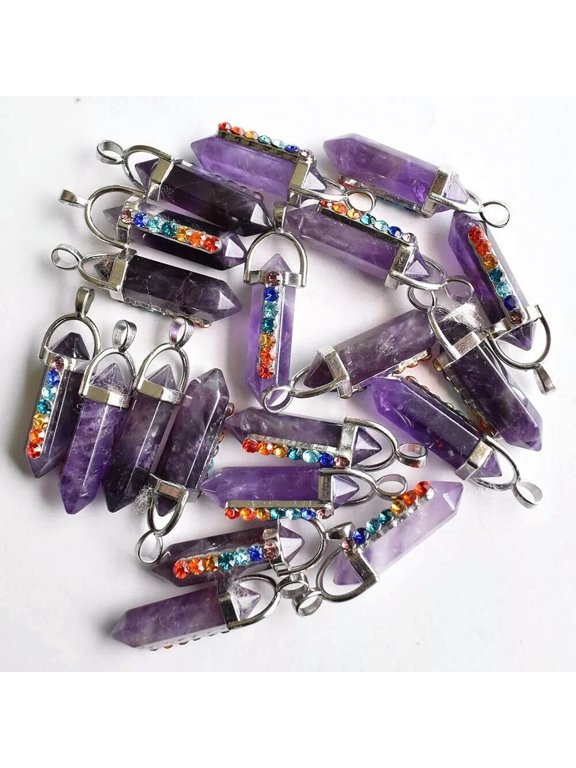 30pcs Natural Amethysts Stone Hexagonal Pointed 7 Color Reiki Chakra Pendant