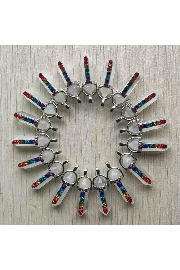 30pcs Natural White Crystal Stone Hexagonal Pointed 7 Color Reiki Chakra Pendant