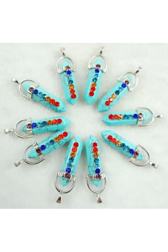 30pcs Turquoise Stone Hexagonal Pointed 7 Color Reiki Chakra Pendant Necklace