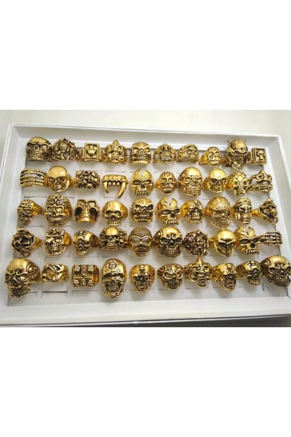 30pcs Wholesale Big Skull Biker Rings Gold Plated Bohemian Statement Punk Ring