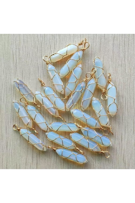 30pcs Wholesale Opal Stone Pillar Shape Handmade Golden Iron Wire Pendants