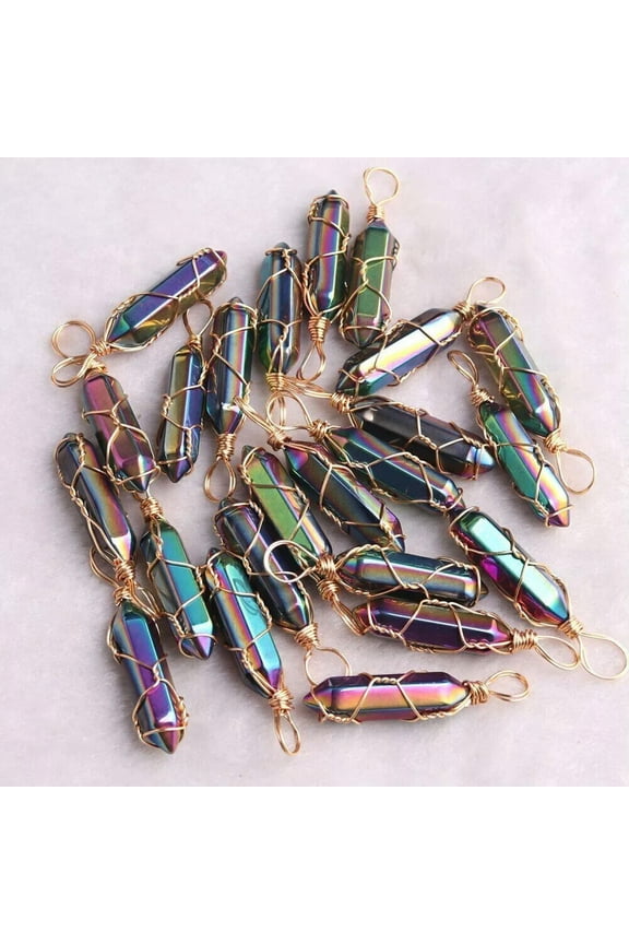 30pcs Wholesale Rainbow Hematite Pillar Shape Handmade Golden Iron Wire Pendants