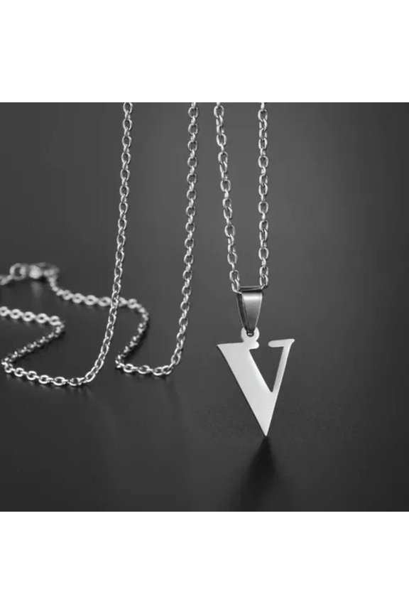 316L Stainless Steel Silver Gold A to Z Letters Pendant Chain Necklace Jewelry-Silver-SILVER V