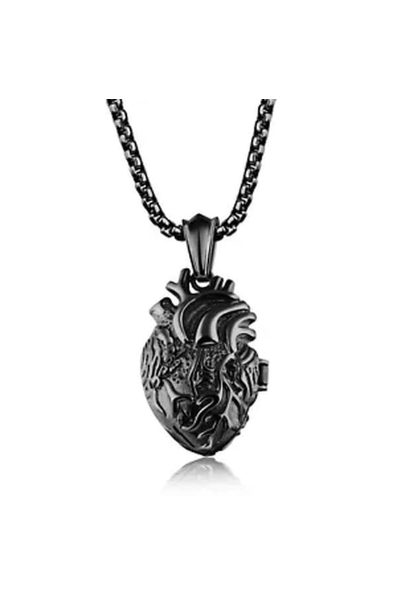 3D Anatomical Organ Heart Pendant Necklace For Women Stainless Steel Urn Jewelry-black