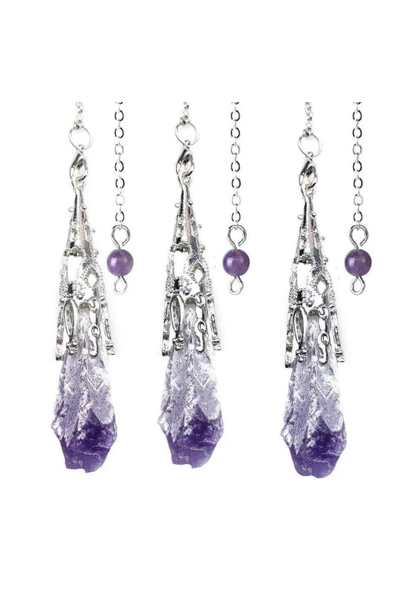 3PCS Natural Amethyst Cluster Chakra Pendulum Reiki Healing Pendant Silvery