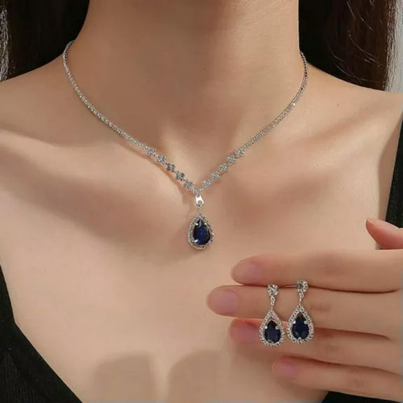 HOOUN 3Pcs Luxury Simple Rhinestone Necklace Earrings Fashion Exquisite Jewelry Set-Dark blue