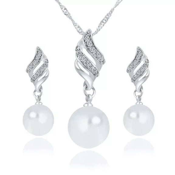 HOOUN 3pcs/set Imitation Pearl Pendant Necklace Earrings Set Women Rhinestone Wedding_-Silver