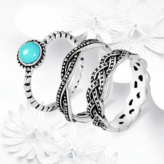 HOOUN 3pcs/set Vintage 925 Silver Turquoise Ring Women Wedding Party Jewelry Size 5-10-01#-7