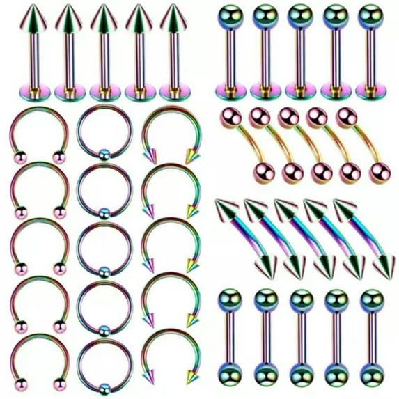 HOOUN 40PCS/LOT Nose Hoops Rings Labret Lip Ear Eyebrow Stud Body Piercing Jewelry Kit-Rainbow-40pcs/lot