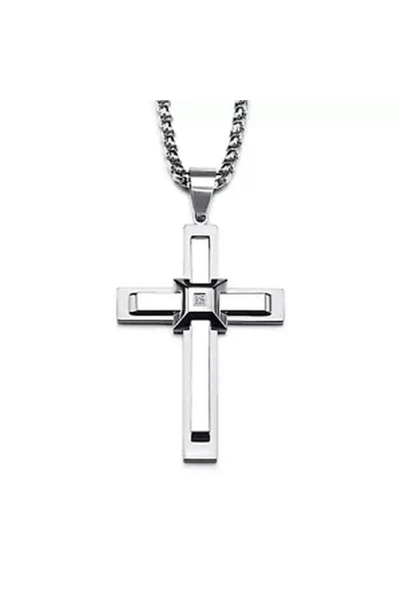 43*65mm Big Stainless Steel CZ 3D Cross Pendant Men's Fashion Box Necklace 24''-silver