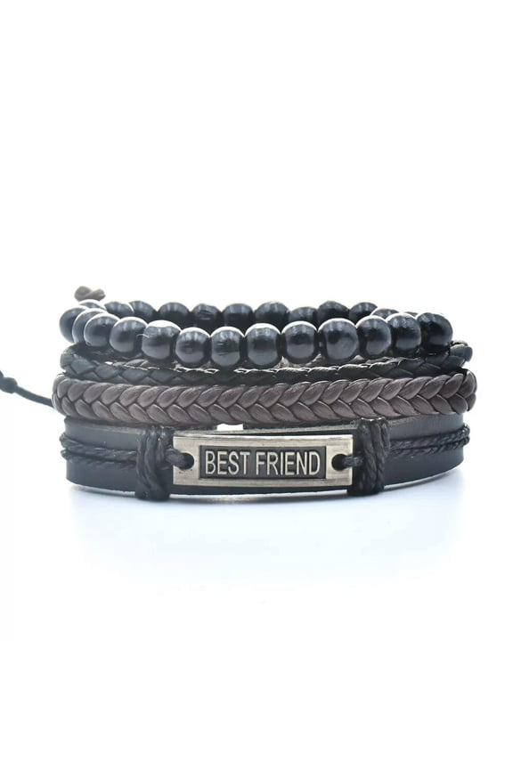 4Pcs/Set Best Friend Punk Leather Bracelet Multi-Layer Wood Beads Cuff Bangle