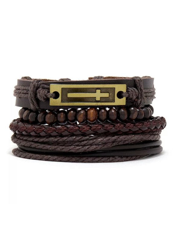 4Pcs/Set Cross Rock Punk Leather Bracelet Multi-Layer Wood Beads Cuff Bangle
