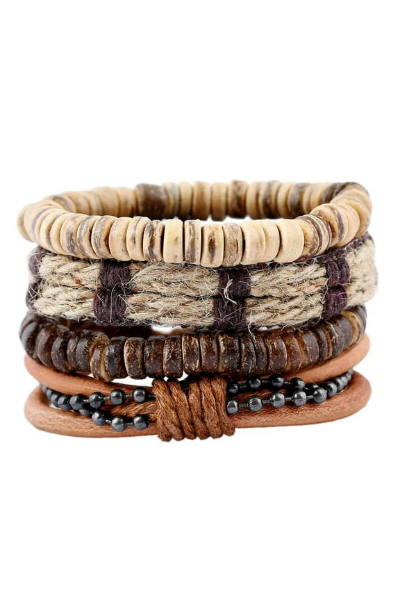 4Pcs/Set Ethnic Hemp Rope Woven Coconut Shell Beads Punk Leather Bracelet Men