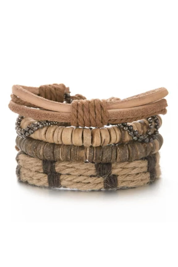 4Pcs/Set Retro Punk Hemp rope Coconut Shell Beads Leather Wrist Cuff Bracelet-0034