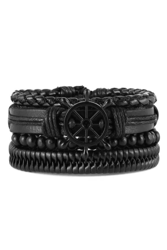 4Pcs/Set Retro Rudder Punk Braided Leather Wood Bead Bracelet Wrist Cuff Bangle -Black