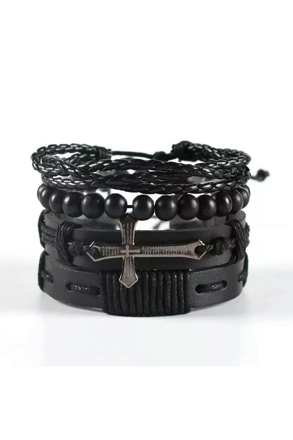 4Pcs/Set Stainless Steel Cross Punk Leather Bracelet Wood Bead Cuff Bangle