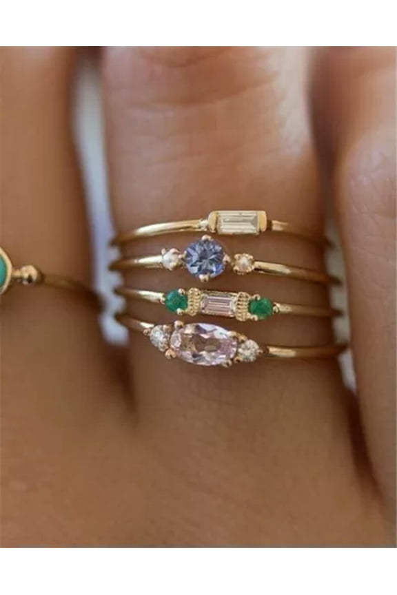 4pcs/set 18K Gold Plating Simple Inlaid Diamond Rings Women Zircon Engagement-9