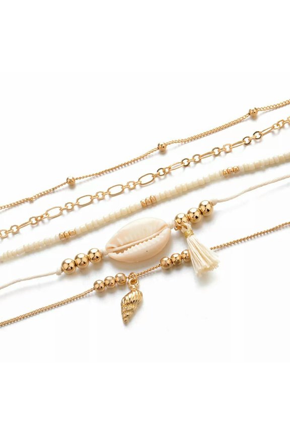 5 Pcs BOHO Festival Beach Drawstring Rope Shell Beads Layers Bracelet Chain Star