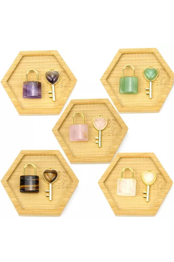 5 Sets Natural Stone Mixe Gems Lock Key Pendants Prism Magic Reiki Amulet DIY