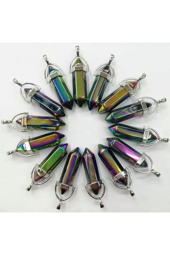 50PC Pendants Charm Hexagonal Crystal Pillar Healing Reiki Chakra Colorful Glass