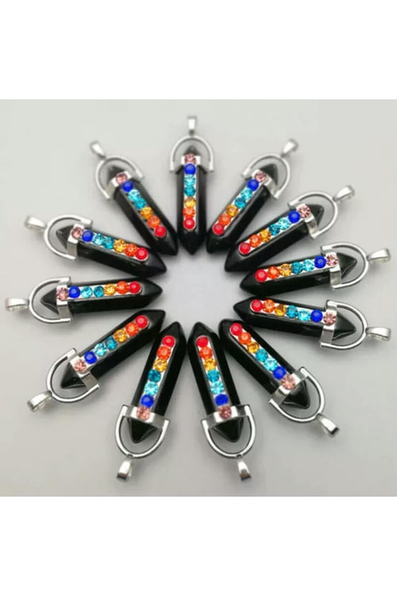 50PCS Natural Gemstones Hexagonal Pointed 7 Color Reiki Chakra Stones Pendant-Obsidian