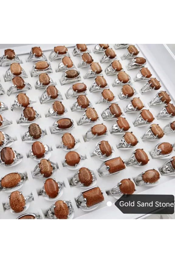 50Pcs Wholesale Lot Mixed Ring Natural Stone Rings Women Gemstone Jewelry Bulk-Gold sand stone